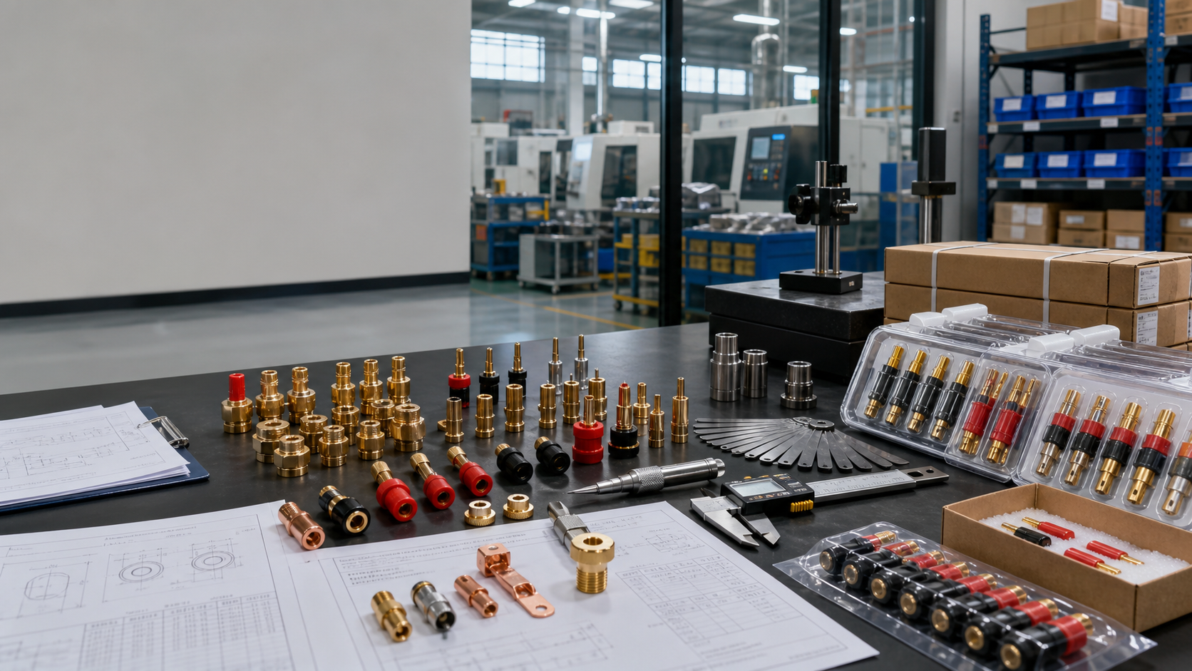 Precision terminal component manufacturer workspace with samples drawings inspection gauges and packaging
