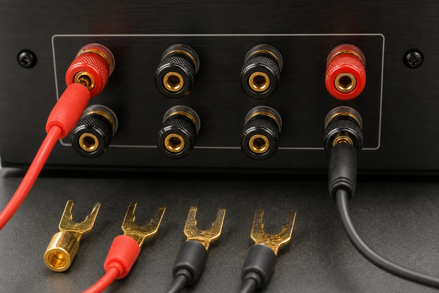 Audio equipment rear panel with binding posts, banana plugs, and spade connectors