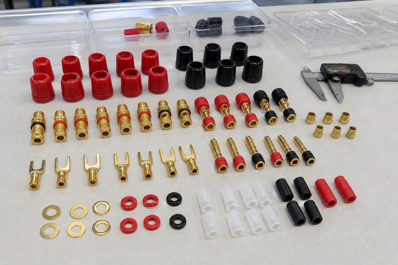 Audio terminal parts grouped for finish consistency and packaging review