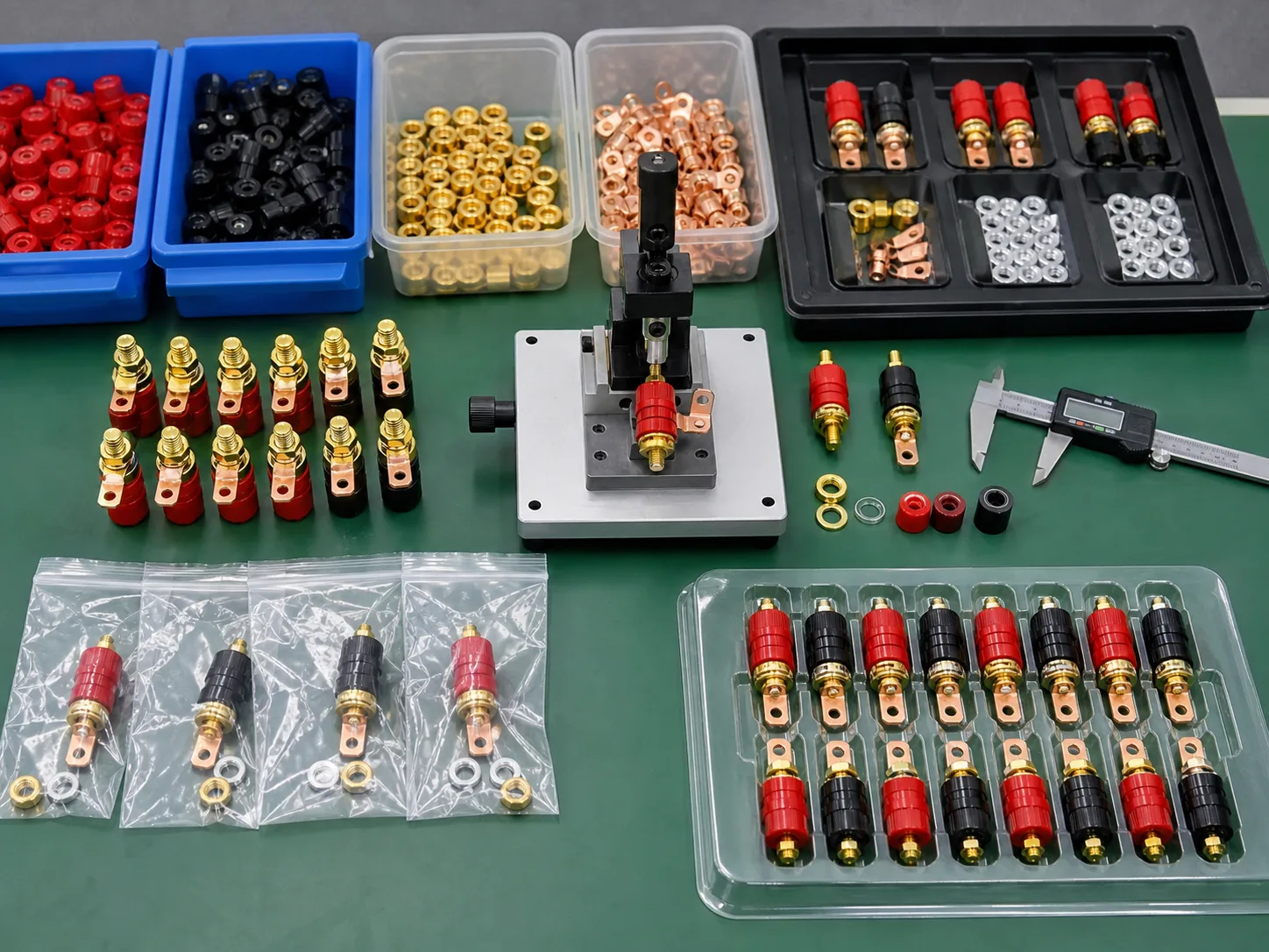 Terminal assemblies, red and black insulation, brass collars, copper lugs, and packaging trays prepared for OEM review