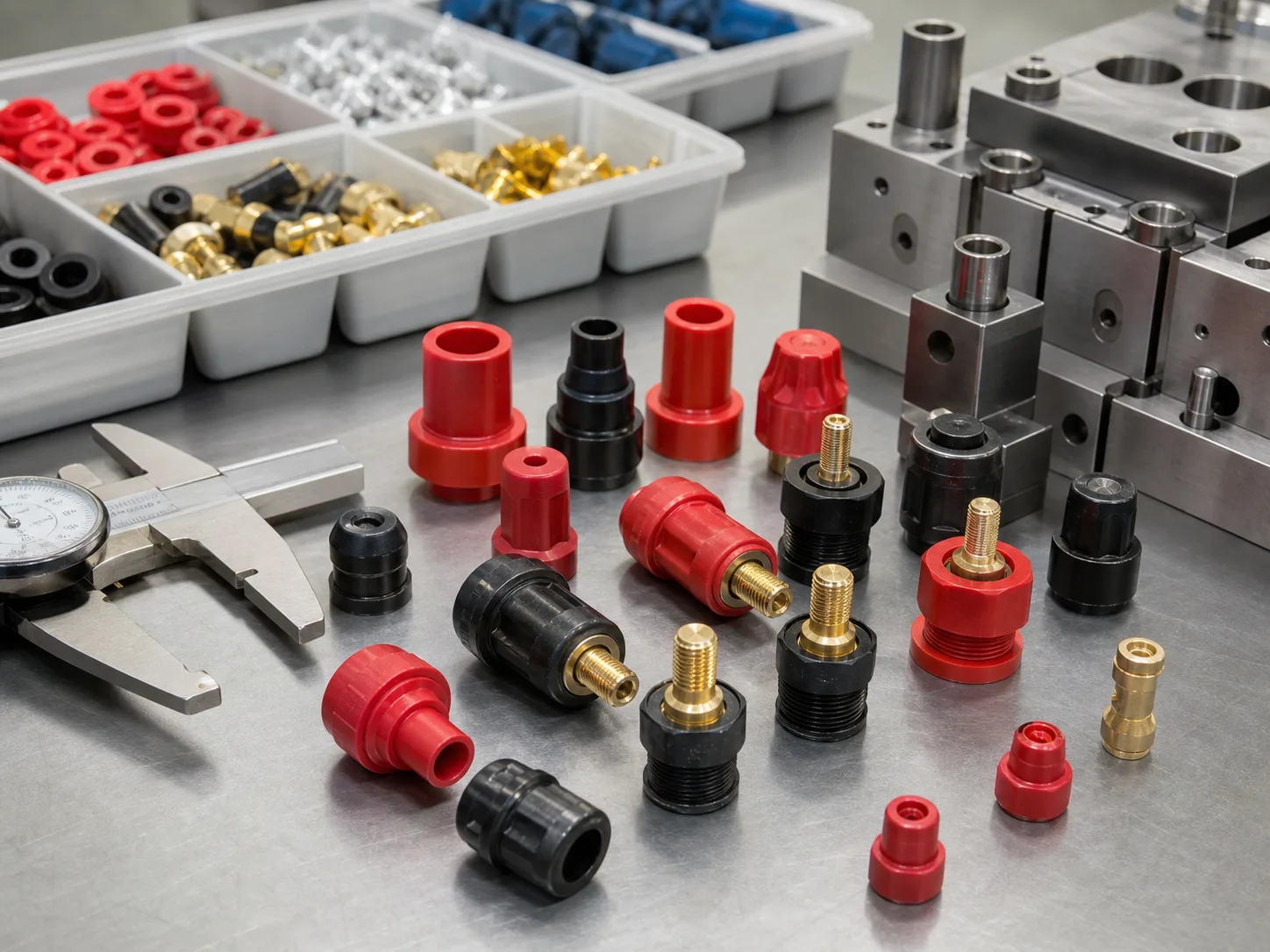 Red and black molded insulation caps, terminal housings, bushings, and brass terminal fit samples