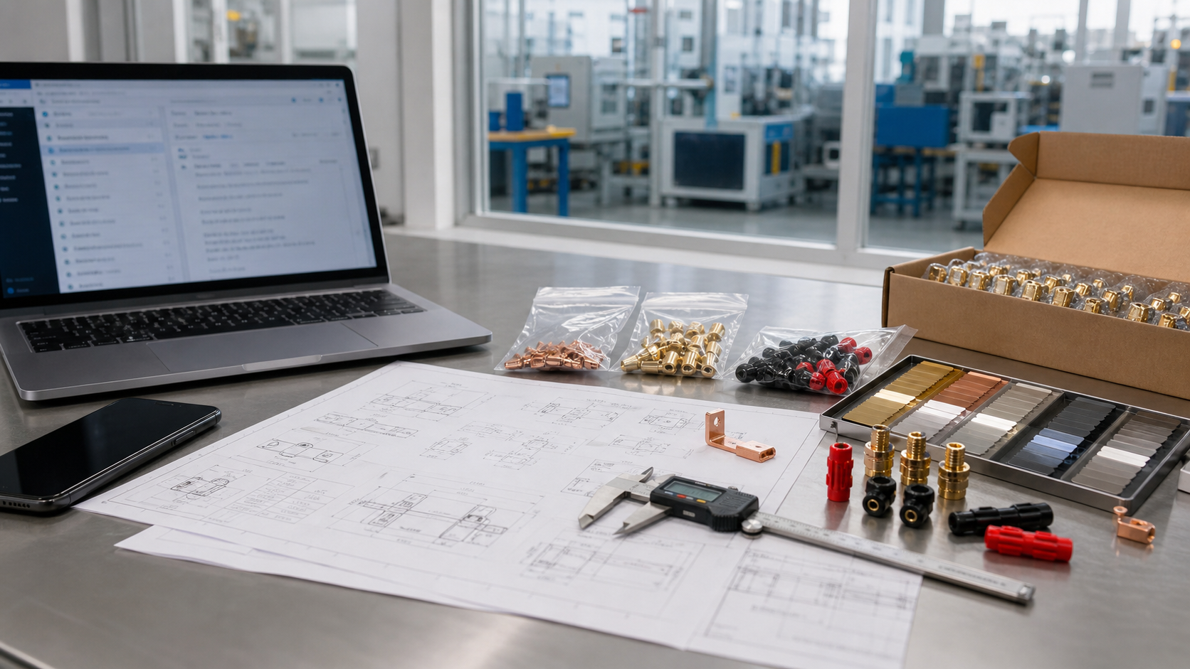 RFQ follow-up desk with terminal component drawings samples finish references and packaging