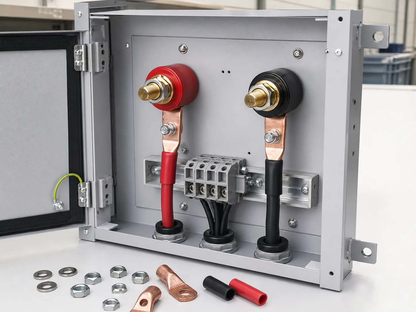Industrial control panel with high-current terminal posts, copper lugs, terminal blocks, and cable entries