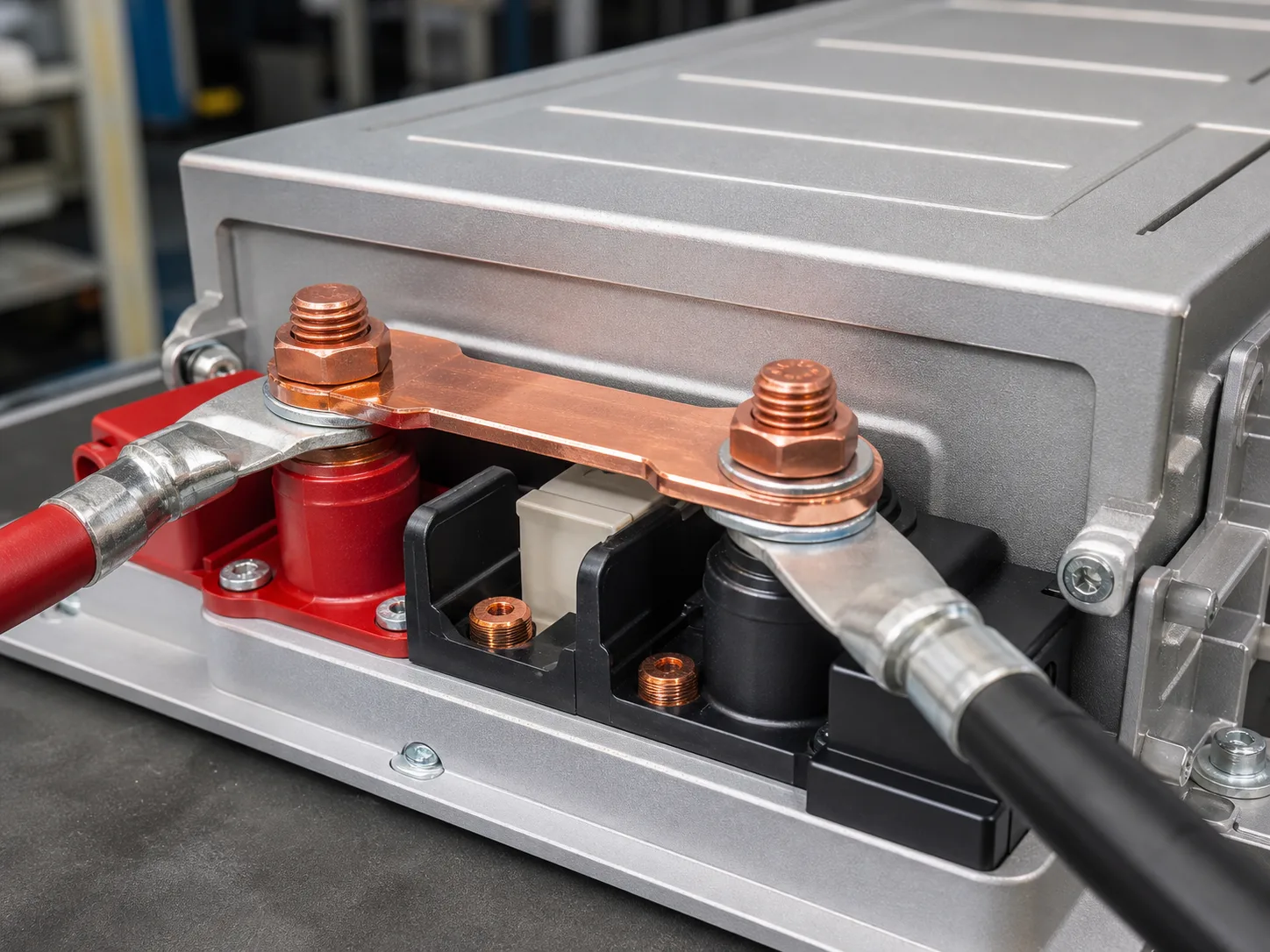 Energy storage terminal interface with copper busbar bridge, insulated posts, and cable lugs