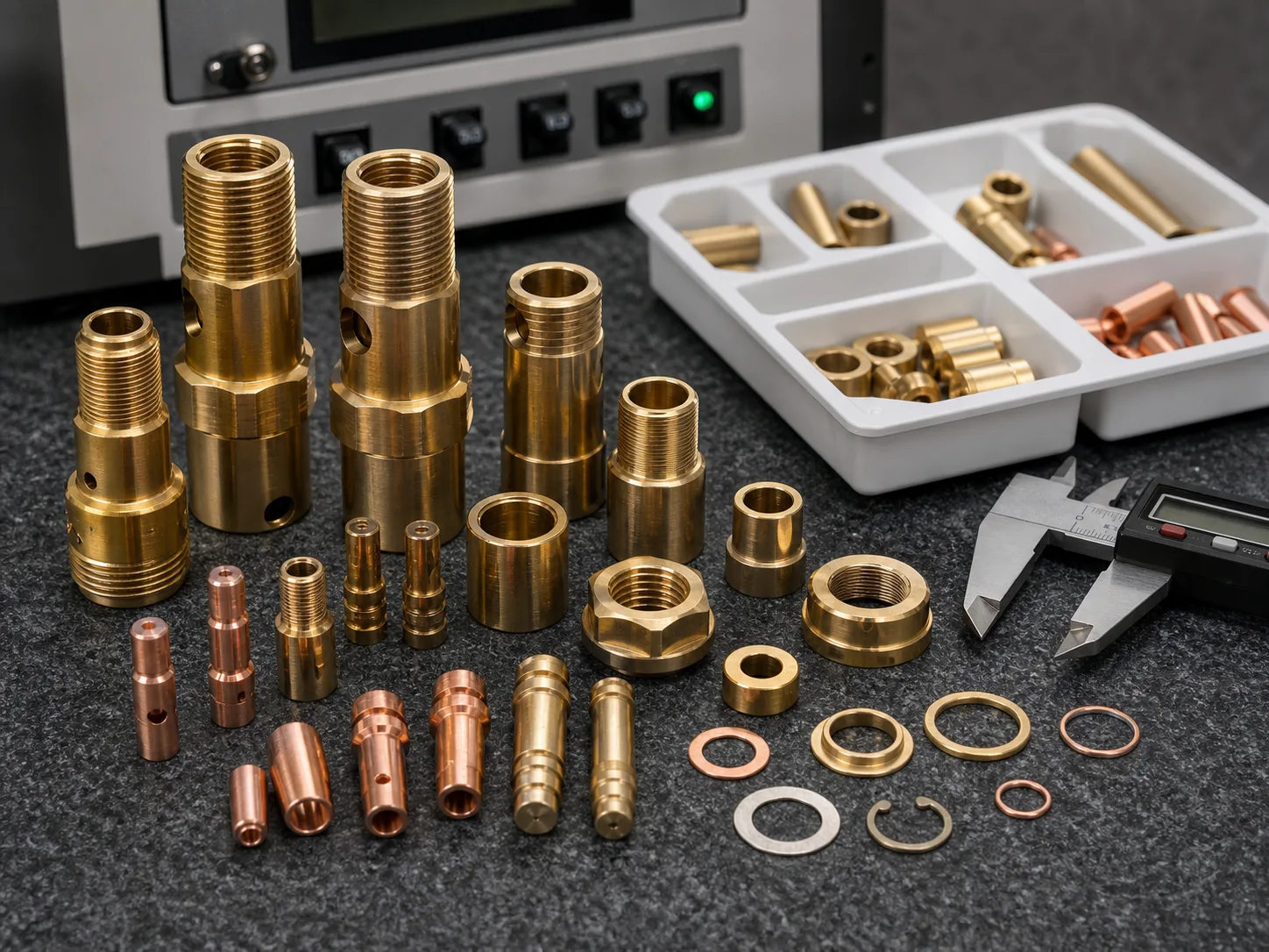 CNC turned brass terminal bodies, collars, sleeves, nuts, and copper contact inserts