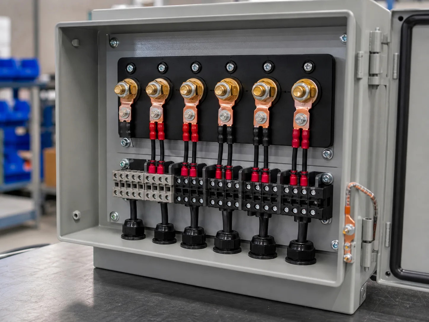 Industrial control panel with panel-mounted brass terminal posts, terminal blocks, and organized cable entries