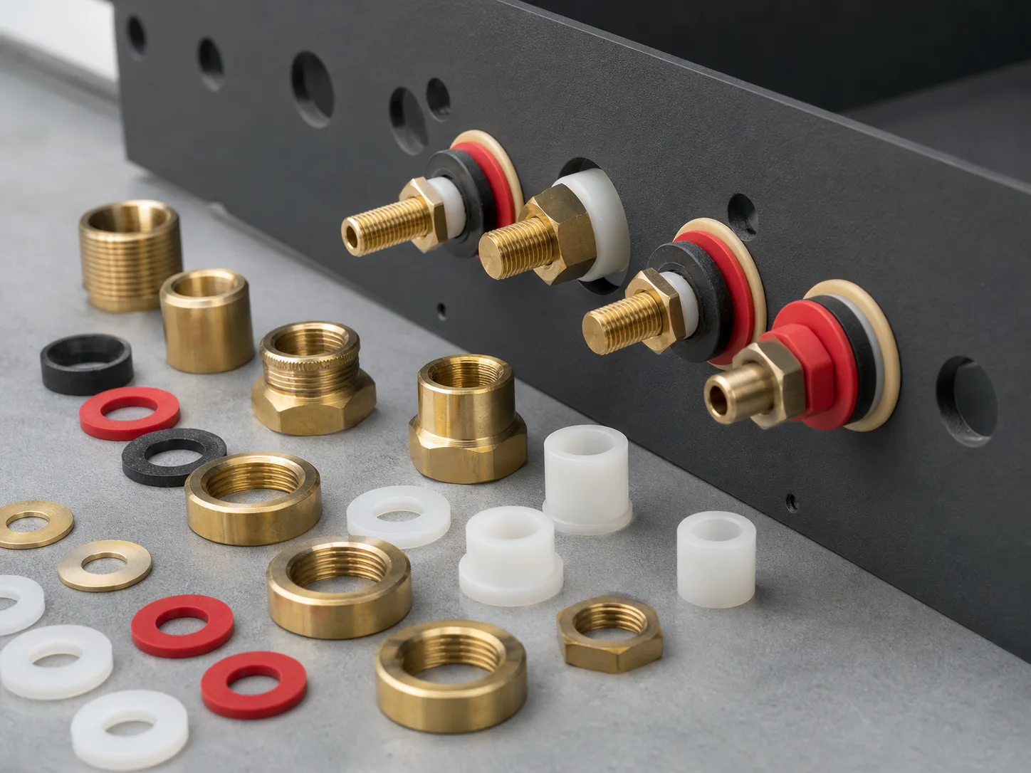 Panel mount terminal hardware with molded insulation washers and brass mating parts