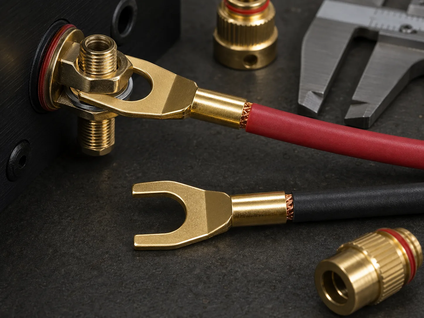 Spade connector plated fork contact and visible finish detail