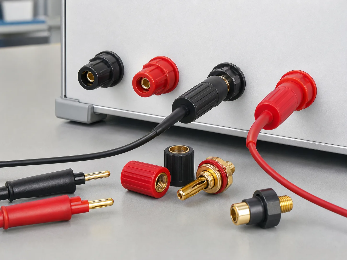 Test instrument front panel with red and black banana jack terminals and probe leads