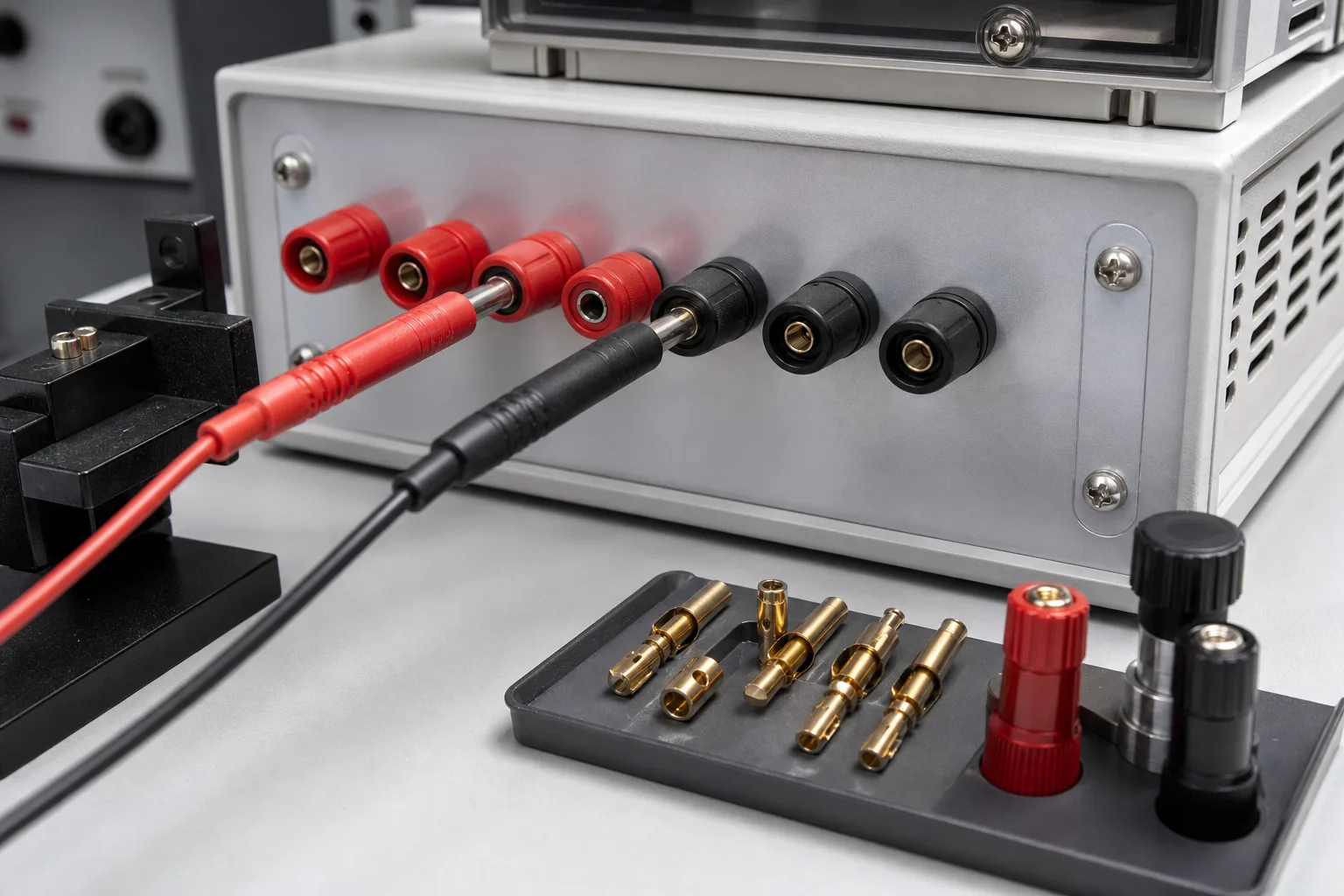 Test and measurement instrument panel with banana jack terminals and probe leads