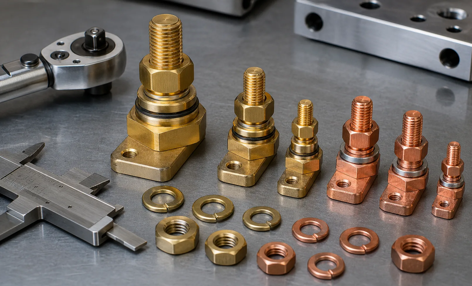 Threaded power terminal parts with M6 to M10 style hardware features